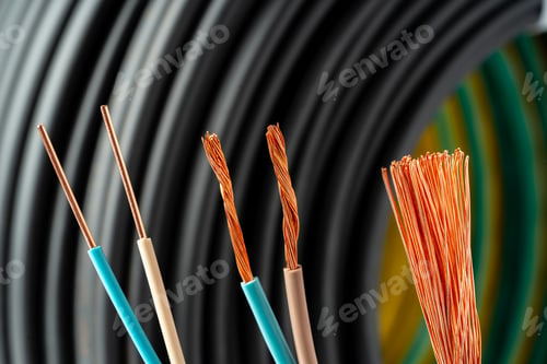 Preview: Closeup of Stripped Electrical Wires Against Rolled Cable