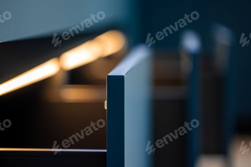 Preview: Facade edge close up. Warm LED glow. Minimal kitchen