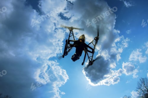 Preview: drone flying over hovering in a bright blue sky. New technology in the aero photo shooting.