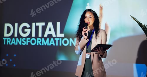 Preview: Stage, speaker and woman at seminar with microphone, tablet and presentation on digital transformat