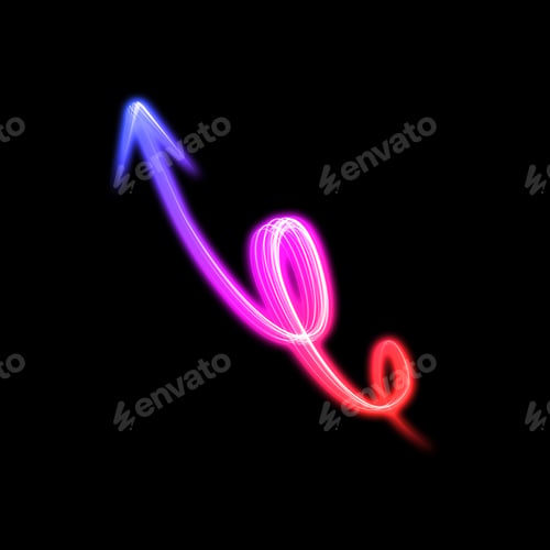 Preview: One bright neon arrow on black background