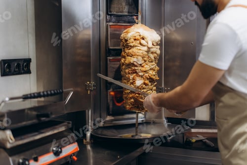 Preview: Chef slicing shawarma meat from rotisserie grill