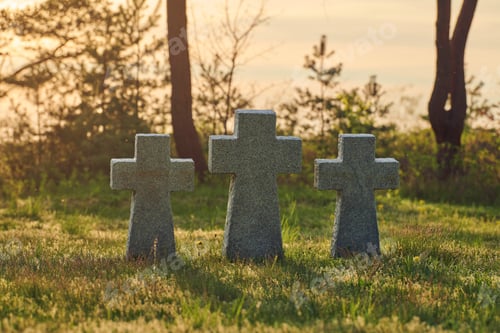 Preview: Stone crosses at sunset in German military cemetery, Europe