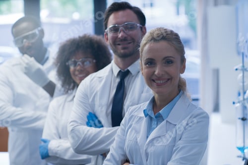 Preview: Mix Race Scientists Team Happy Smiling Working In Laboratory Doing Research, Man And Woman Making