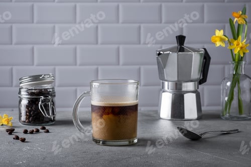Preview: Still life with a glass cup of coffee with cream