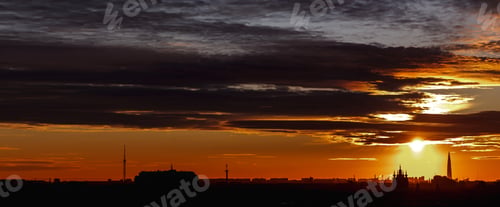 Preview: Panoramic view of silhouette cityscape at amazing city orange sunset