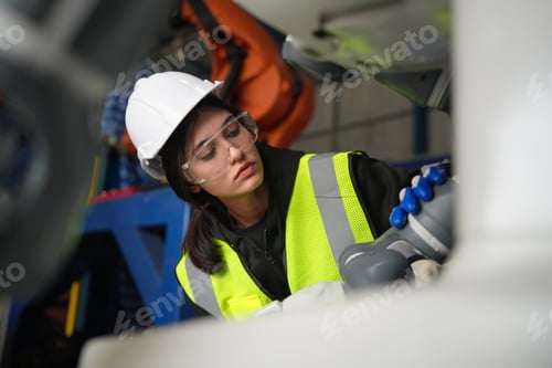 Preview: Female Engineer check and control automation robot arms machine in factory. robotics manufacturing.