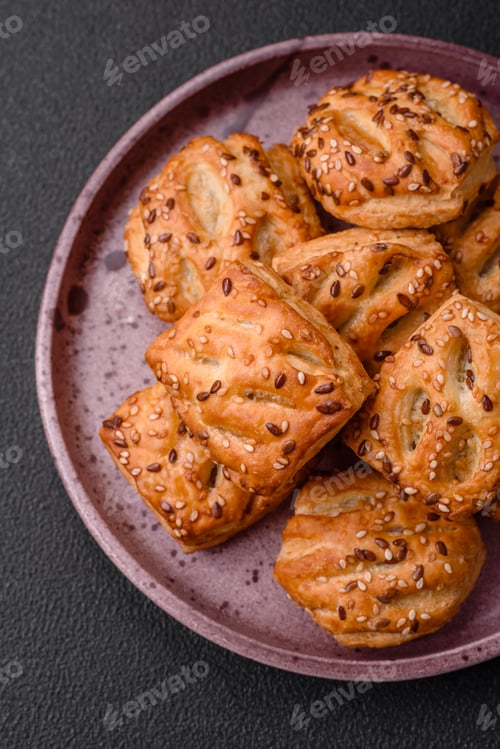 Preview: Delicious crispy mini puffs with sausage or meat with salt, thyme and sesame