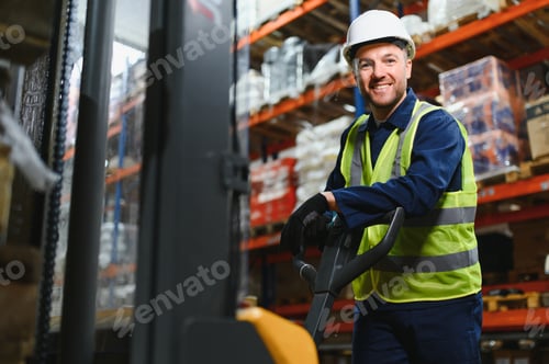 Preview: Man Driving Fork Lift Truck In Warehouse