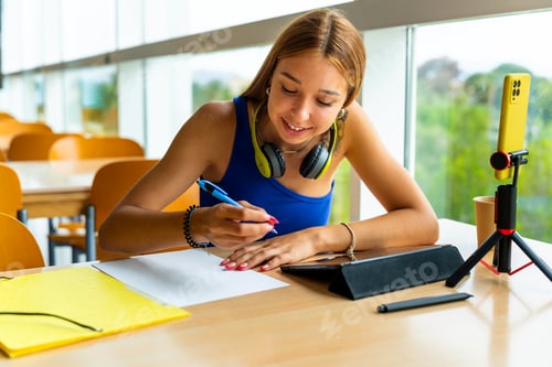 Preview: Young woman studying with a tablet in a quiet library