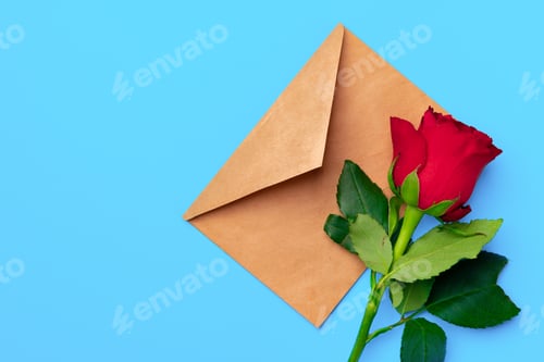 Preview: Red rose with envelope on blue background top view
