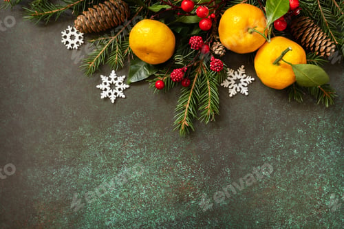 Preview: Winter composition with fir branches, cones and tangerines on a stone background.
