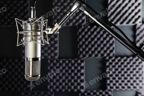 Preview: A professional microphone in a home recording studio with sound proof walls