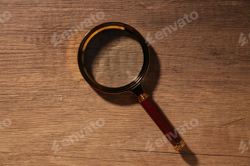 Preview: A magnifying glass in a black frame on a wooden background