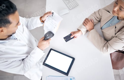 Preview: Pharmacy, POS and woman with credit card for healthcare, medical and clinic worker payment. Custome