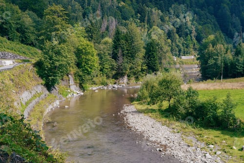 Preview: Landscape Of Mountain River Among The Hills With Pine Ans Spruce Trees With Rocky Shore, Fast Water