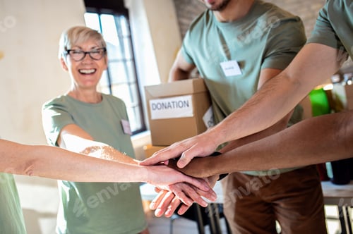 Preview: Portrait of volunteers with working in community charity donation center.