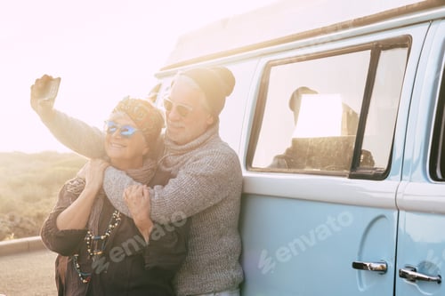 Preview: Travel and alternative people vacation concept for senior retired lifestyle couple taking selfie
