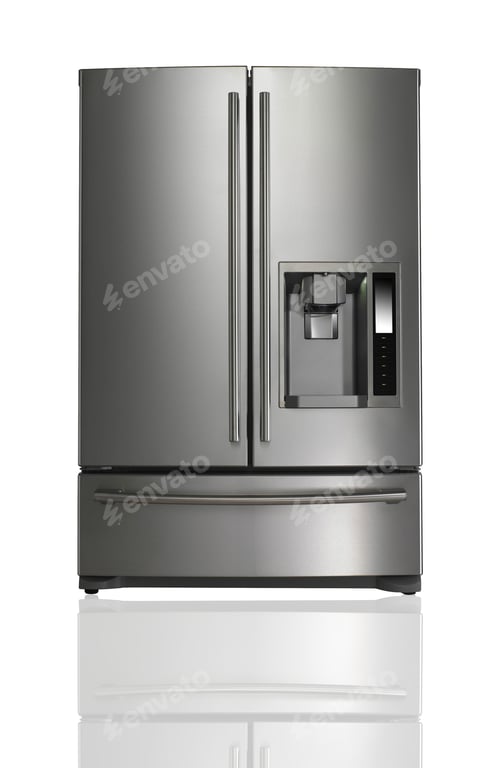 Preview: Modern Stainless Steel Refrigerator on a White Background