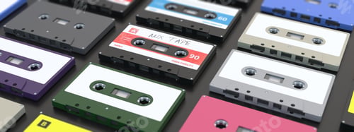 Preview: Vintage audio cassettes background, banner. Retro music concept. 3d illustration