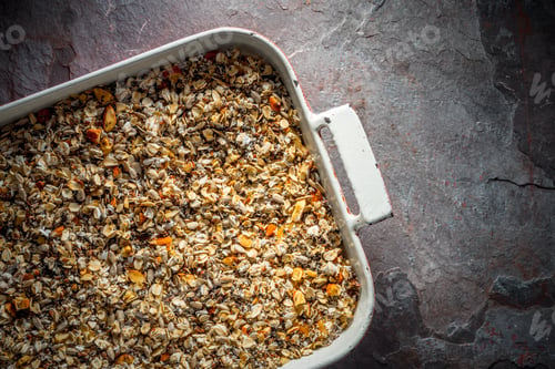 Preview: Granola mixture in a baking dish diagonal