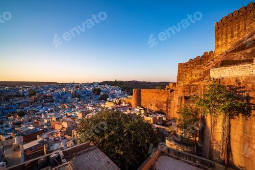 Preview: Mehrangarh Fort with Jodhpur blue city at sunset, Rajasthan, India