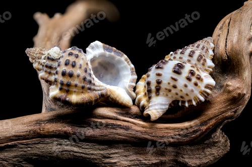 Preview: Gyrineum Gyrinum shell on driftwood macro black background