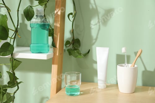 Preview: Glass of mouthwash, toothbrushes and toothpaste on shelf in bathroom