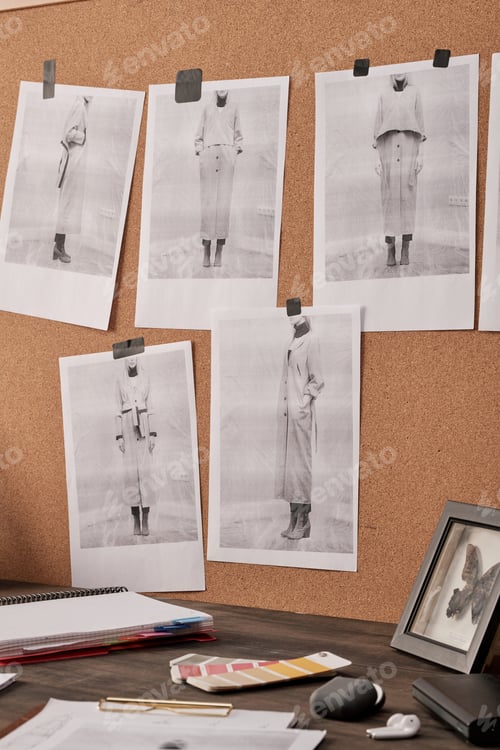 Preview: Board with photos of fashion models in front of table with various supplies
