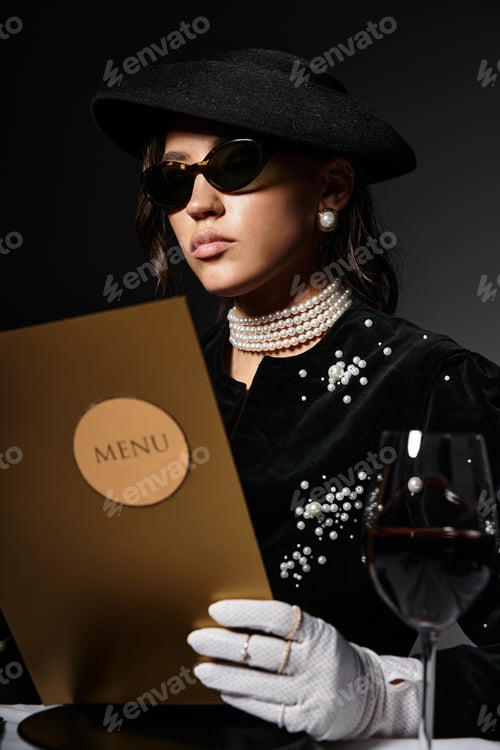 Preview: Elegant young woman in sophisticated attire examining a menu at a dimly lit dining venue