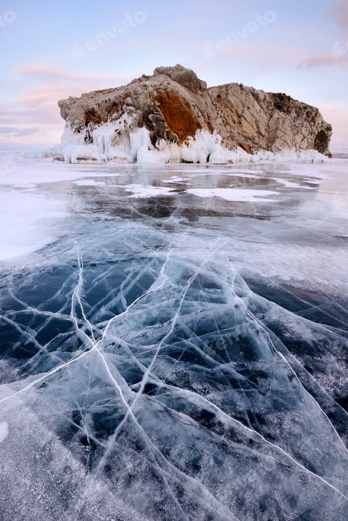 Preview: Borga-Dagan Island and frozen ice, Baikal Lake, Olkhon Island, Siberia, Russia