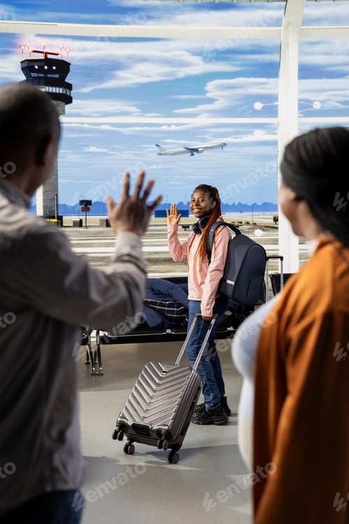 Preview: Proud mother and father waving goodbye to teen girl at airport