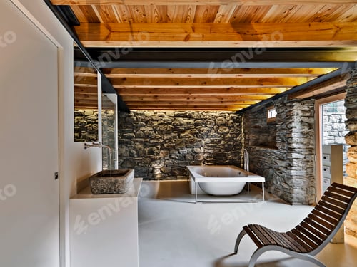 Modern Bathroom Design with Stone Walls and Wood