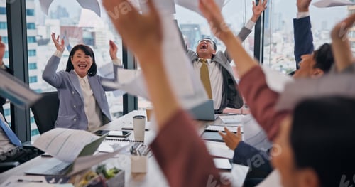 Preview: Business people, paper throw and office cheer with success, opportunity and victory in meeting. Jap