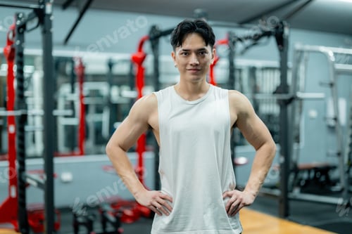 Preview: Confident sportsman standing with hands on hips in modern gym