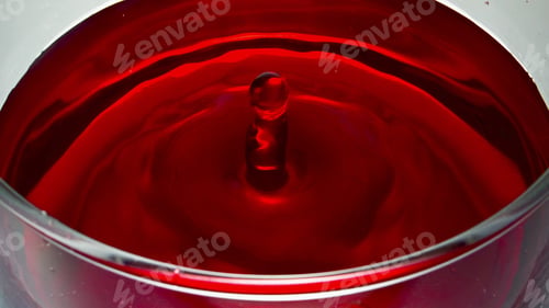 Preview: Wineglass slowly falling drop. Inebriant droplet falling into rose liquid macro