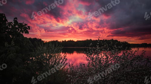 Preview: Calm lake surrounded by the dark forest with the vibrant pink sunset in the background