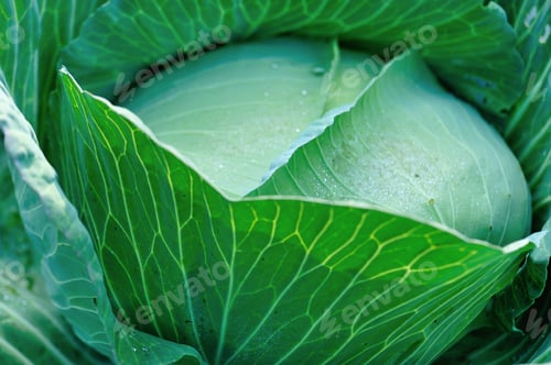 Preview: Green cabbage plant in the spring garden