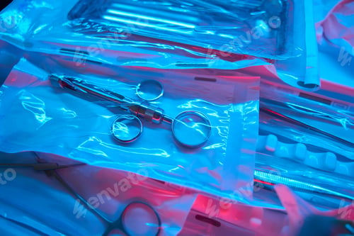 Preview: Dental instruments and metal syringes sealed in bags for sale.