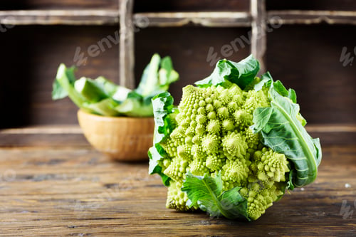 Preview: Raw fresh Roman cauliflower on the wooden table