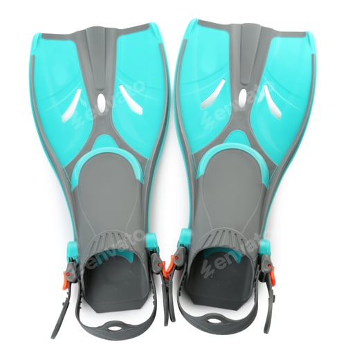 Preview: Pair of turquoise flippers on white background, top view