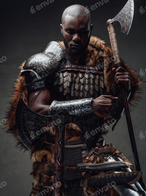 Preview: Northern african chief with fur wielding dual axes in dark background