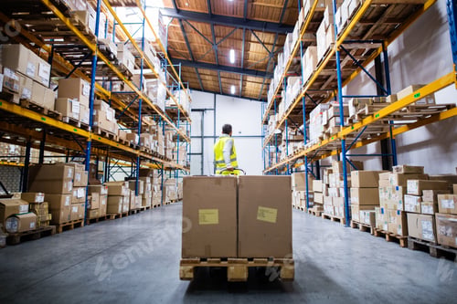Preview: Male warehouse worker pulling a pallet truck.