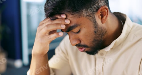 Preview: Stress, headache and tired businessman in the office with a burnout working on a project with a dea