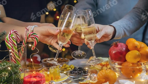 Preview: Champagne in hand against the background of the Christmas tree. People. Selective focus.