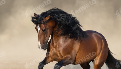 Preview: Purebred Andalusian horse playing on sand in paddock in dust.