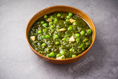 Preview: palak matar curry also known as spinach geen peas masala sabzi or sabji, indian food