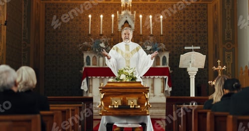 Preview: Funeral, church and pastor with prayer by coffin for memorial service, sermon and ceremony for deat