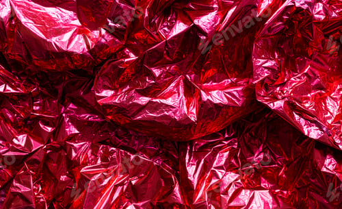 Preview: Abstract red shiny festive background in trendy color of 2023 year viva magenta.. Crumpled red foil