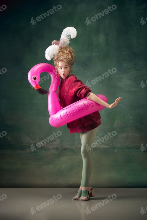 Preview: Young woman as Marie Antoinette on dark background. Retro style, comparison of eras concept
